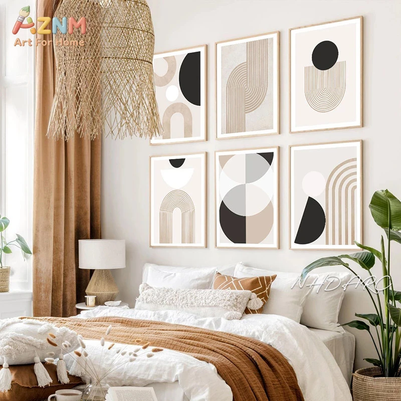 AZNM Neutral Beige Geometric Abstract Canvas Wall Art, Minimal Arch Circle Line Modern Boho Aesthetic Bedroom Home Wall Decor Un