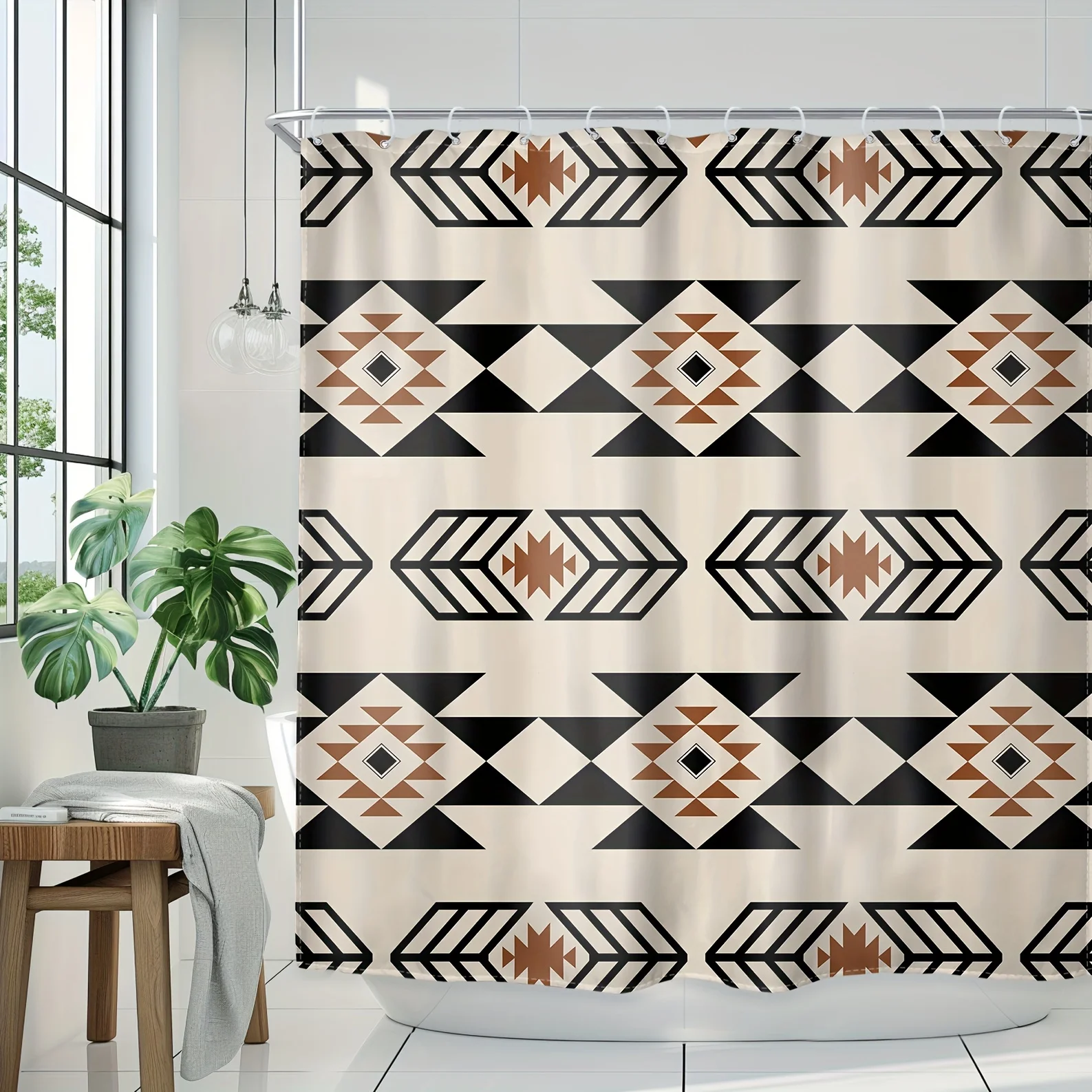 Western Tribal Shower Curtain Set - Abstract Geometric Navajo Design, Includes 12 Hooks,Home Decor