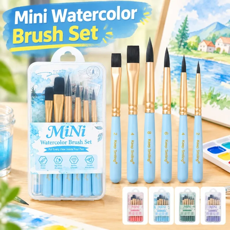 6Pcs Mini Short Handle Watercolor Brush Kit Nylon Bristles for Kids DIY Graffiti Outdoor Sketching Hand Painting Art Craft