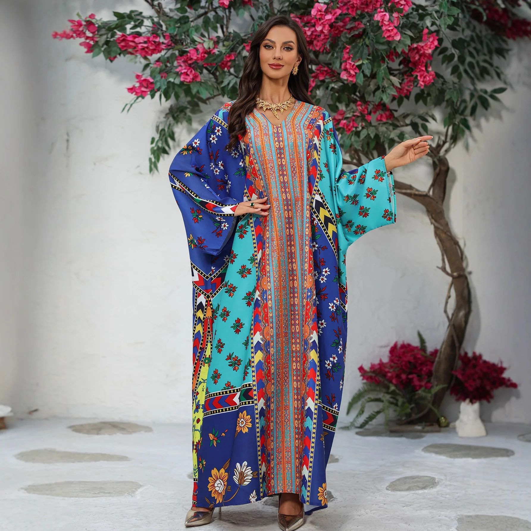 

Праздничное платье-абайя для женщин: мусульманские платья с принтом, джалабия, арабская длинная роба, абайи для Рамадана, Марокко, Дубай, праздничный кафтан, исламские платья