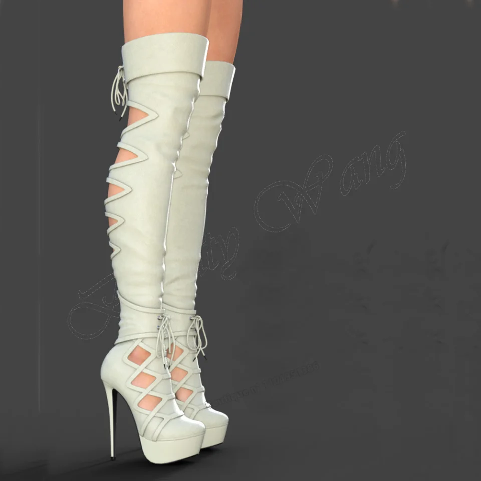 Moraima Snc-Bottes à plateforme creuse pour femmes, Cuissardes, Chaussures à talons hauts, Solide, Fin, Violet, BuilDecor
