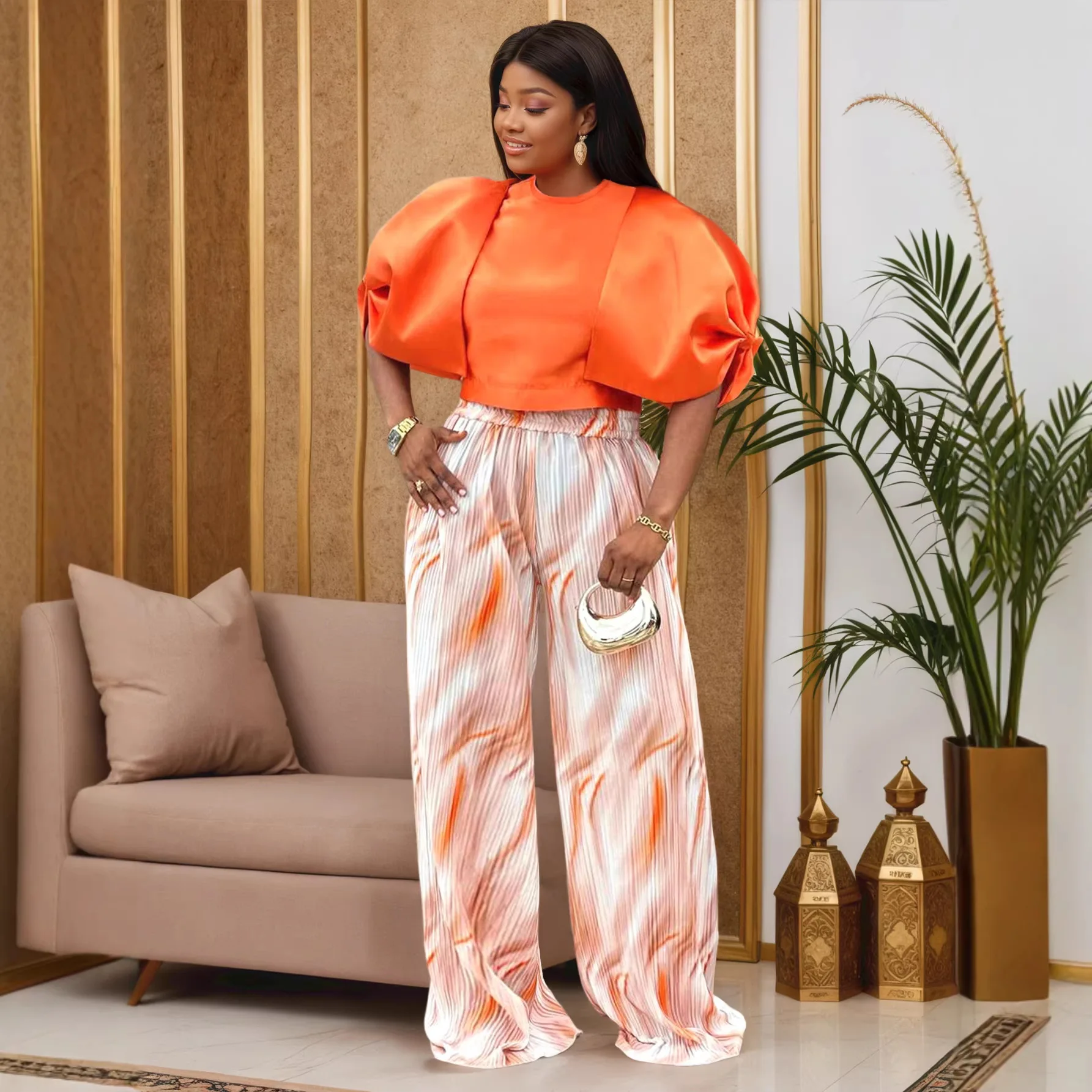 Plus-size Fashion Women's Outfit: Orange Puff-sleeve Short Top + Gradient Striped High-waisted Wide-leg Drapey Long Pants Set