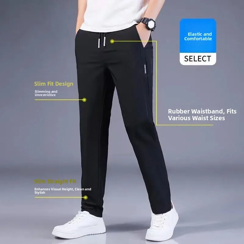 Men's Summer Ice Silk Casual Pants Elastic Thin Qui Dry Sports Long Pants Breathable Straight Leg Loose Fit Faion Urban Wear