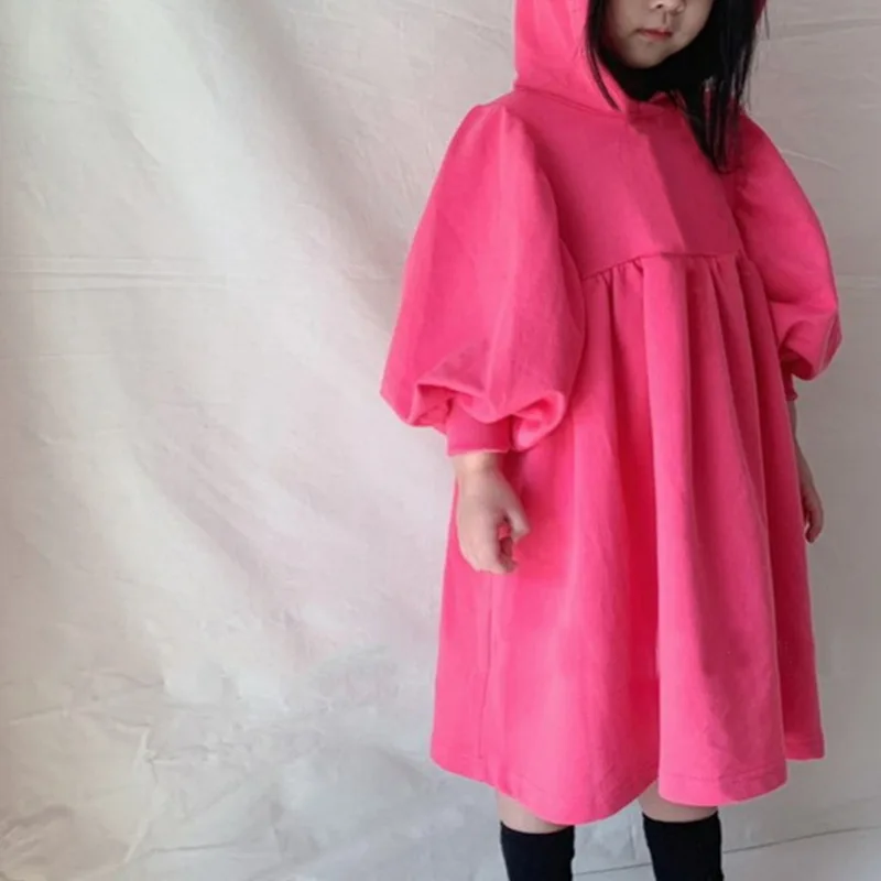 Children's Autumn and Winter New Dress Korean Version Fashionable Girl Cute Bubble Sleeve Tunneled Hooded Sweater Dress