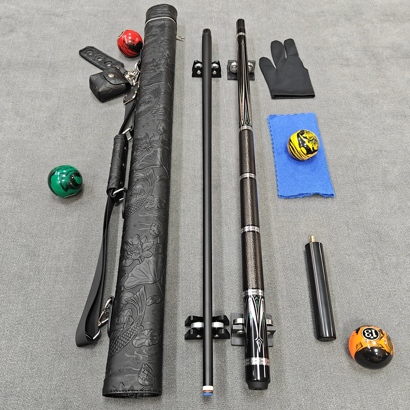 Billiard Cue Set 58.27in,12.5mm Tip,3‑Section Handle,Extended Butt, Carved‑Fish Case, Full Accessories for Outdoor Use