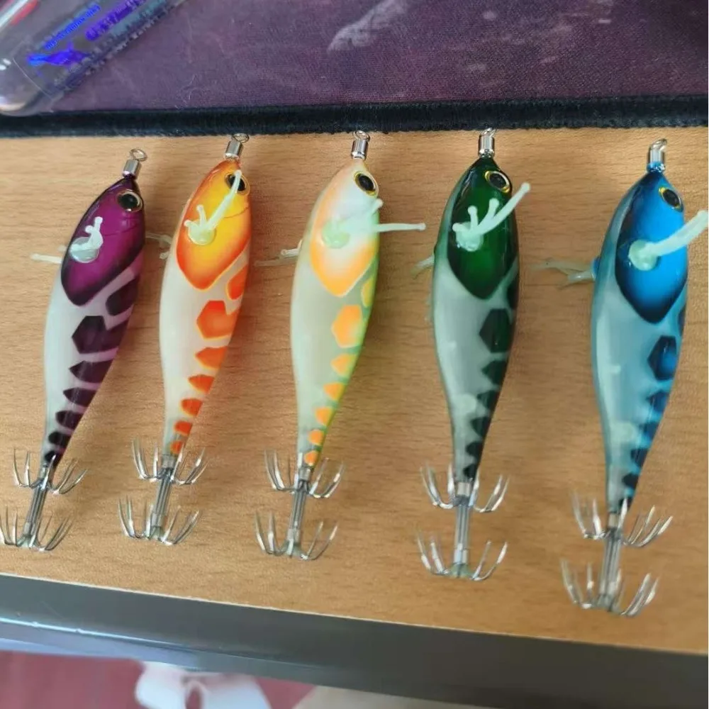 Anzuelo de 55mm y 5,2g, señuelo de calamar sepia, cebo duro brillante, señuelo de camarón de madera, cebo de pesca de mar Horizontal, pesca nocturna