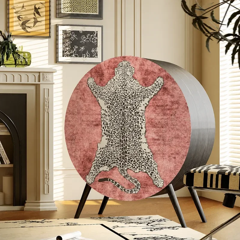 Pink Leopard Solid Wood Round Cabinet Hallway Storage Decorative Cabinet Living Room Door Storage Integrated Vertical Cabinet