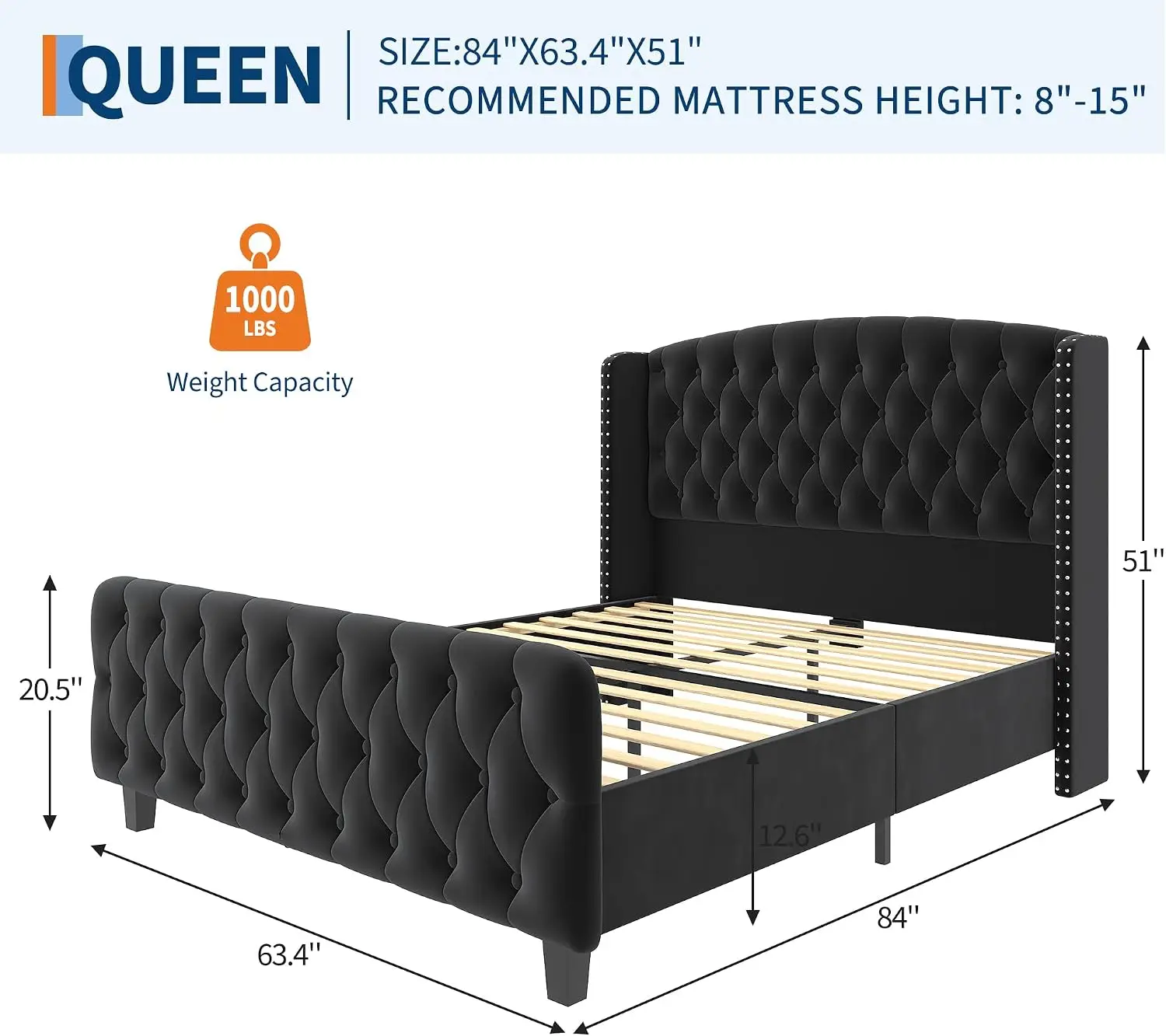 51-Inch Tall Queen Size Bed Frame with Wingback Headboard, Black, Tall Headboard Bed Frame for Bedroom