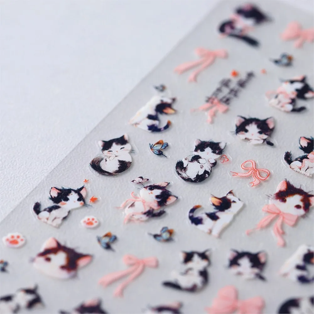 5D Cute Cartoon Cat & Butterfly Nail Stickers Self Adhesive Lovely Kitten Pink Bow Nail Art Decals Playful Cat Manicure Slider #