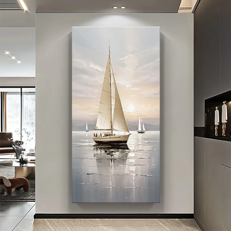 Frameless Canvas Poster, 2D Sunrise Sea View, Modern Artistic Landscape, Smooth Sailing, for Home Office, Living Room, Bedroom,