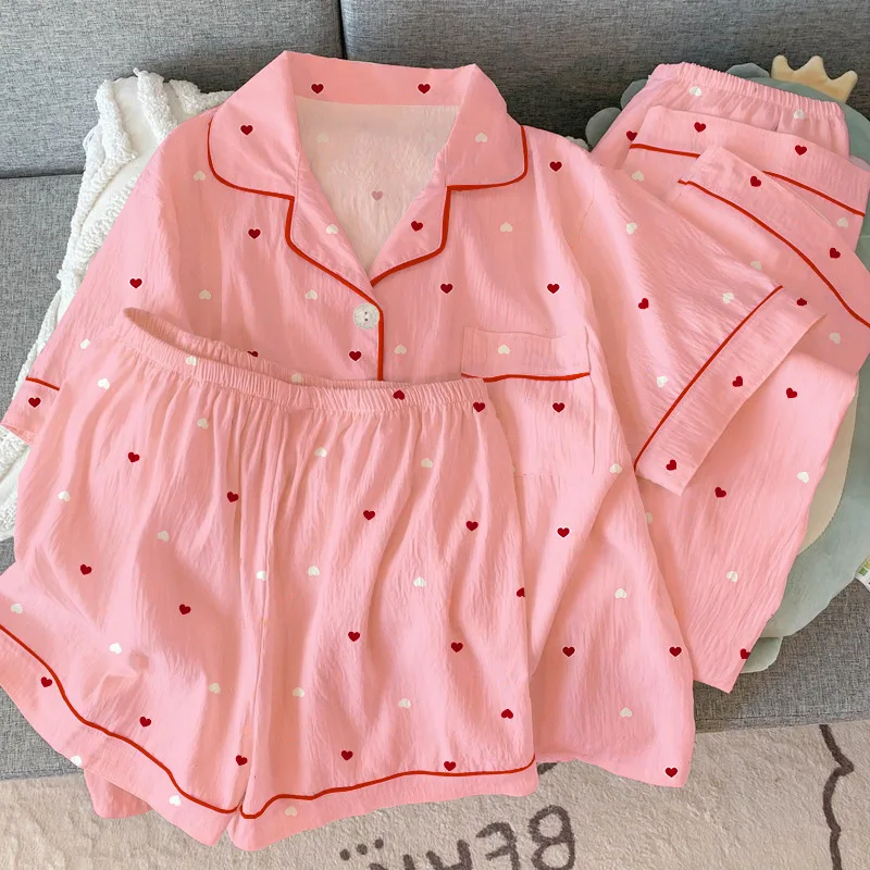 

New Women's Summer Pajamas: Teenage-Style Short-Sleeve 3-Piece Set, Loose-Fitting Casual Loungewear, Crinkled Fabric Summer Wear