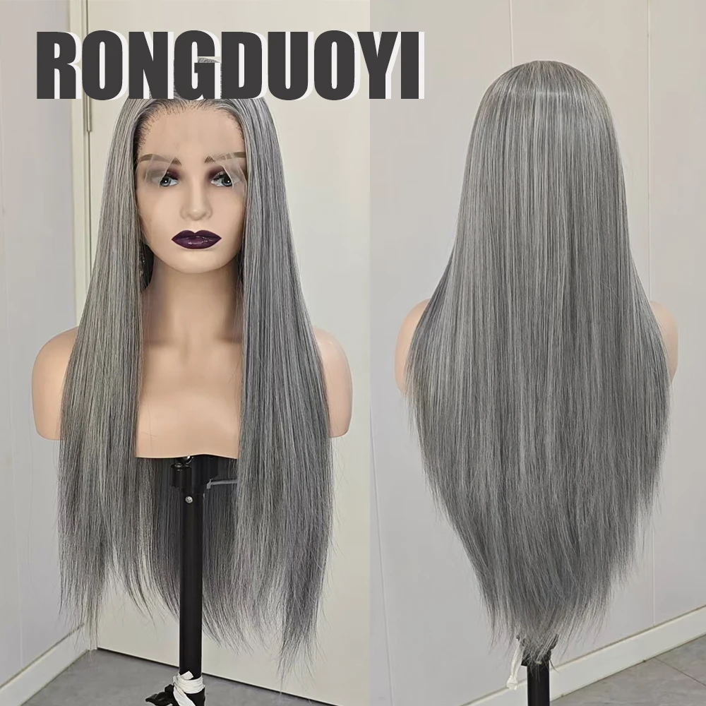 RONGDUOYI Grey White Mix Hai Synthetic Wig Silk Straight Heat Fiber Lace Front Wigs Cosplay Makeup Women Use Grandma Grey Hair