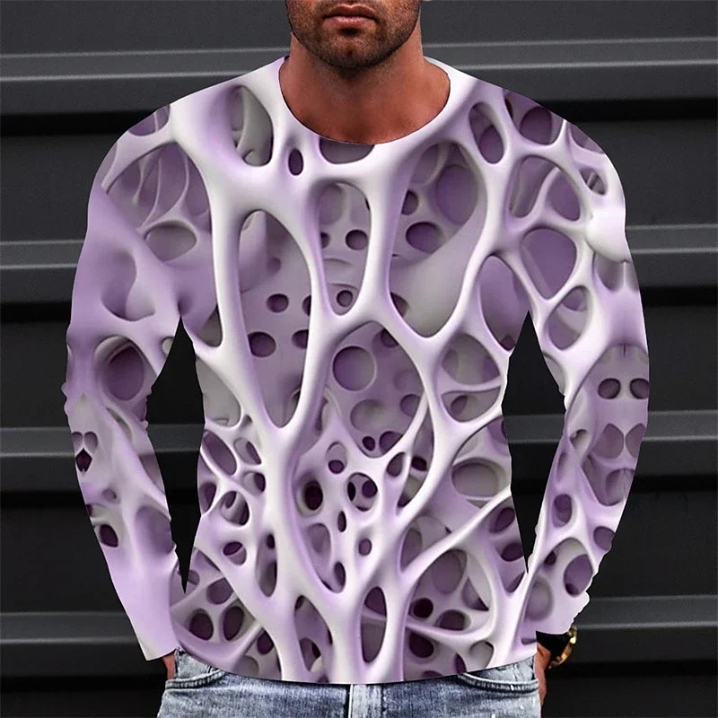 Men 3D Print Long Sleeve T Shirt Polyester Fiber Hollow Visual Effect Crew Neck Tees Casual Fashion Daily Tops