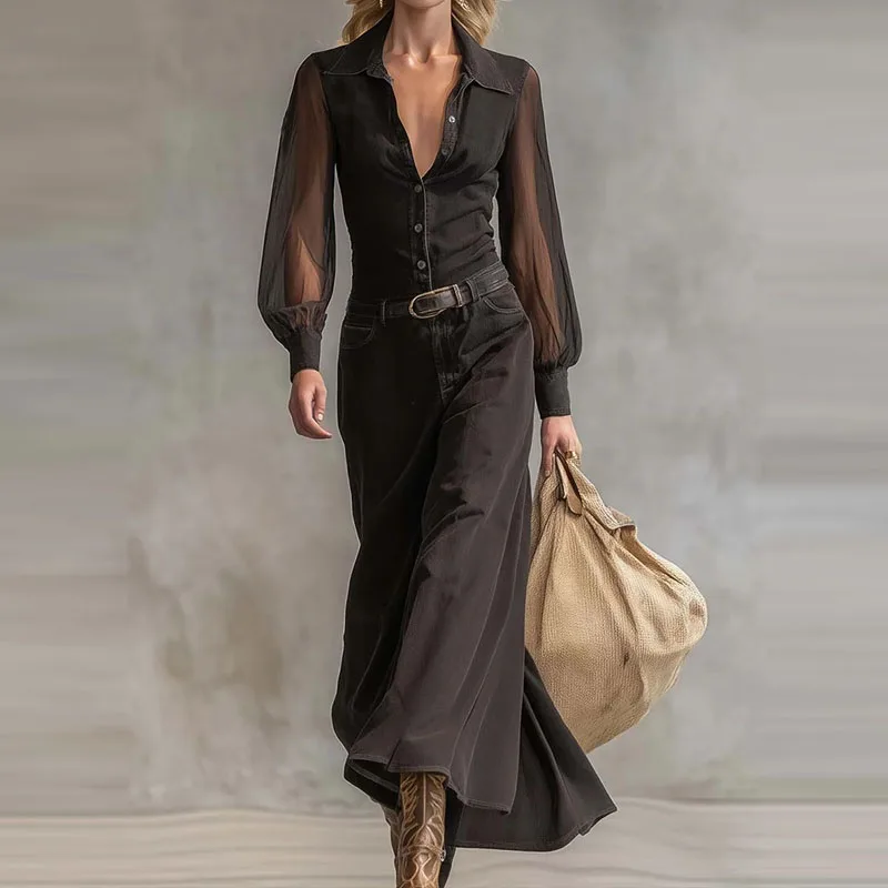Sexy See-through Long Sleeve Maxi Dress Fashion Lapel Collar Solid Color Long Dress Elegant Button Hight Waist Slim Party Dress