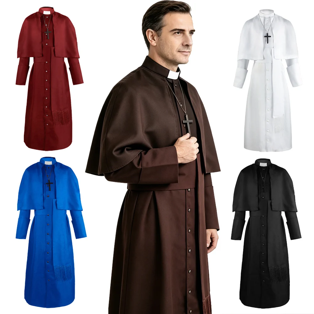 Costume de Prêtre Médiéval Catholique, Robe Religieuse Romaine Rétro, Tenue Complète de Pape, Pasteur, Père, pour Messe, Missionnaire, Soutane de Clergé