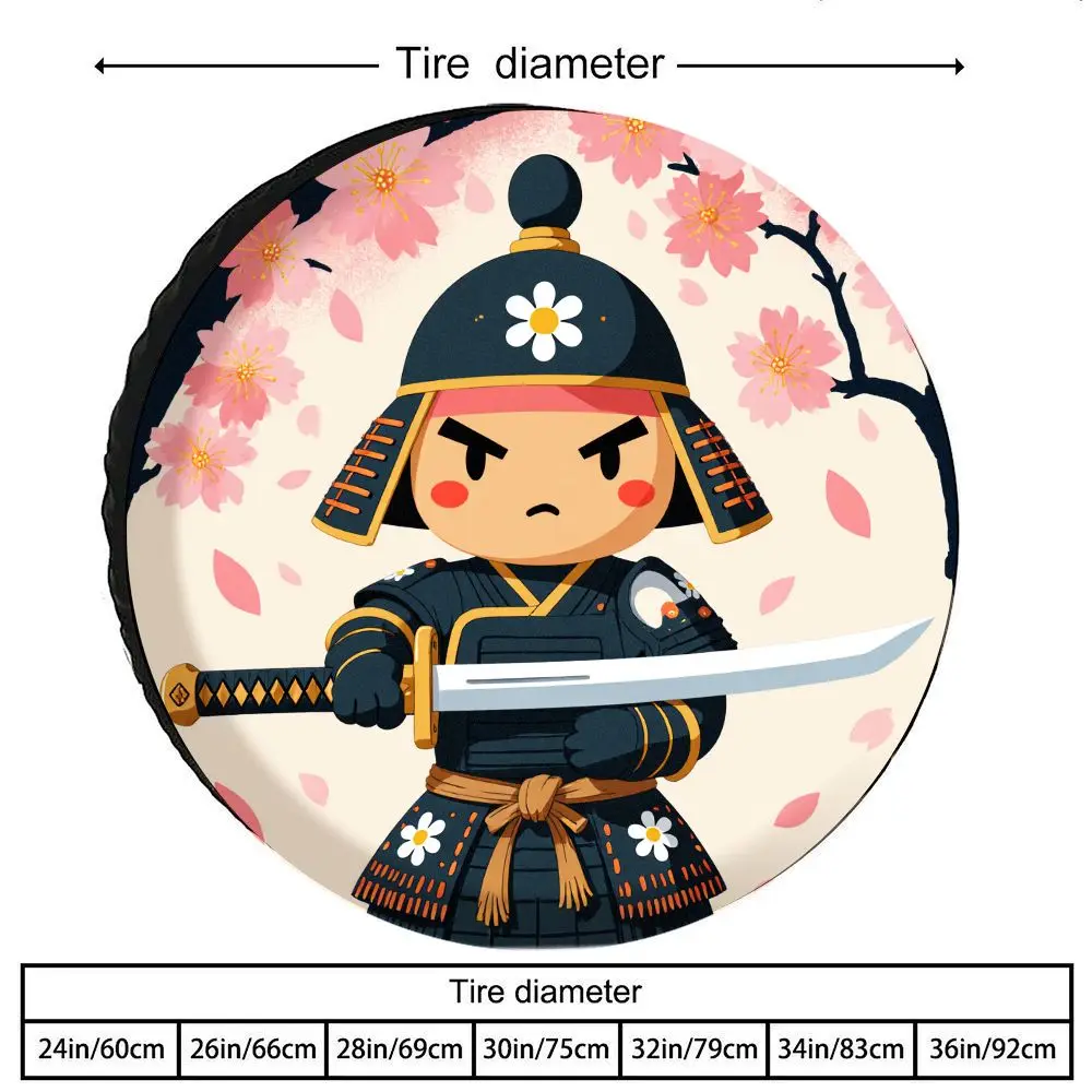 Tire Cover With Cartoon Samurai Design, Made Of Polyester Fiber, Featuring Traditional Black Armor With Golden Accents And A Che