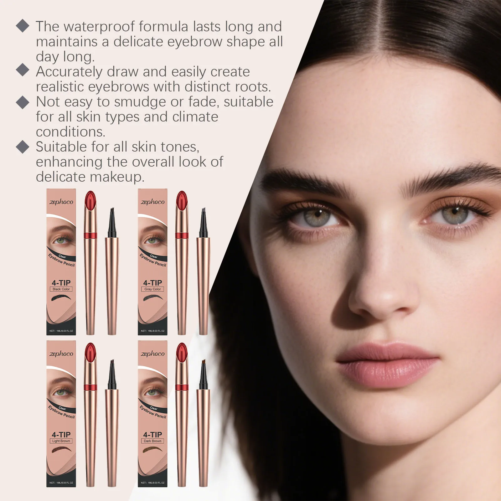 Crayon à sourcils à pointe Quad définit en profondeur la forme des sourcils, Application soyeuse et lisse, imperméable, finition ligne Fine, couleur longue durée