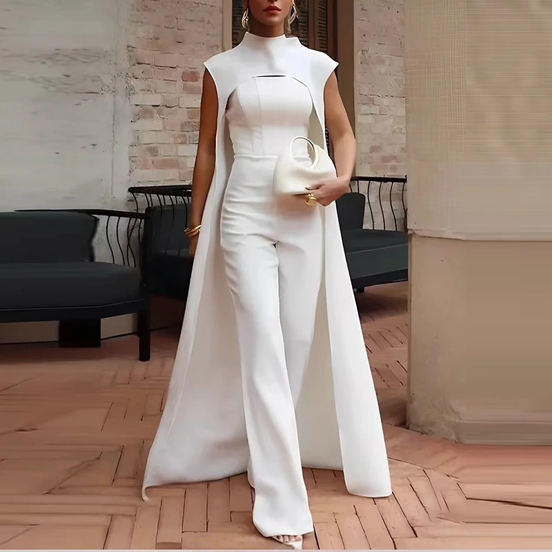 

Fashion O-neck Shawl Outerwear & Long Jumpsuits Women Casual Sleeveless Solid Color Party Romper Set Elegant Commuter 2Pc Suits