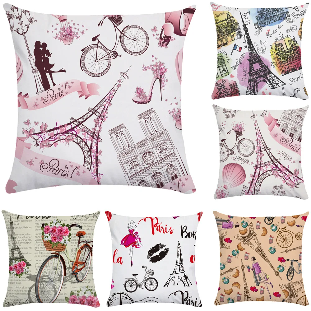 Pillow Covers Decorative Paris Tower Pillowcase Bicycle Hot Air Balloon Pillows Case for Living Room Aesthetics Sofa Bed 18x18