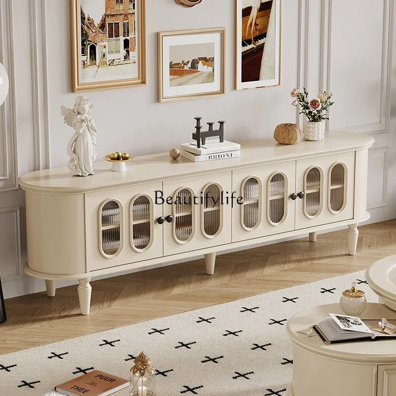 

LD33French Cream Style White Solid Wood TV Cabinet Living Room Storage Floor Cabinet