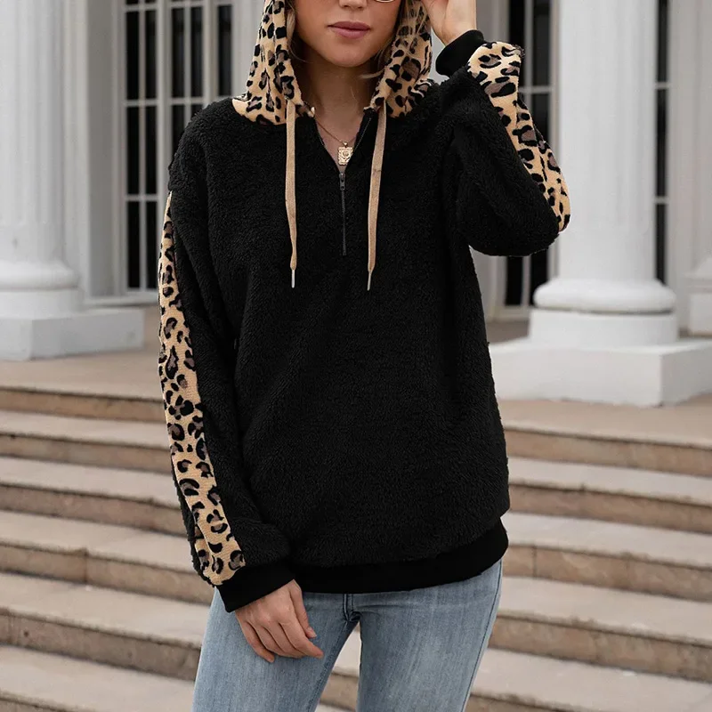 

Women Autumn Fashion Loose Casual Sweatshirts 2021 Leopard Patchwork Lambswool Hooded Tops Zipper Lace Up Fluffy Ladies Hoodie