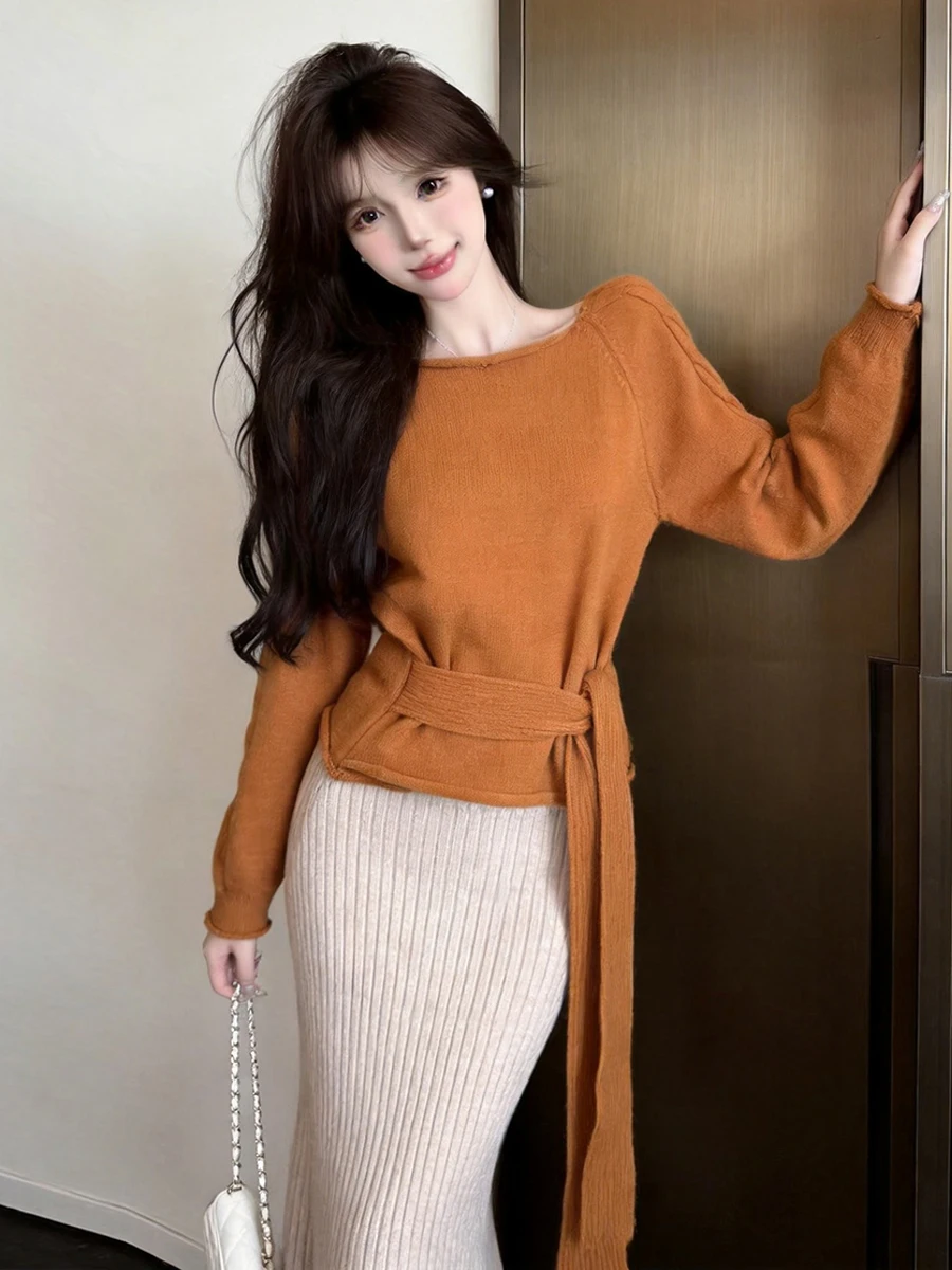 Autumn Winter Vintage Slim Fit Knitted Top And Skirt Set with Sling Strap Long Sleeve High Waist Design Fashionable Trendy Ou...