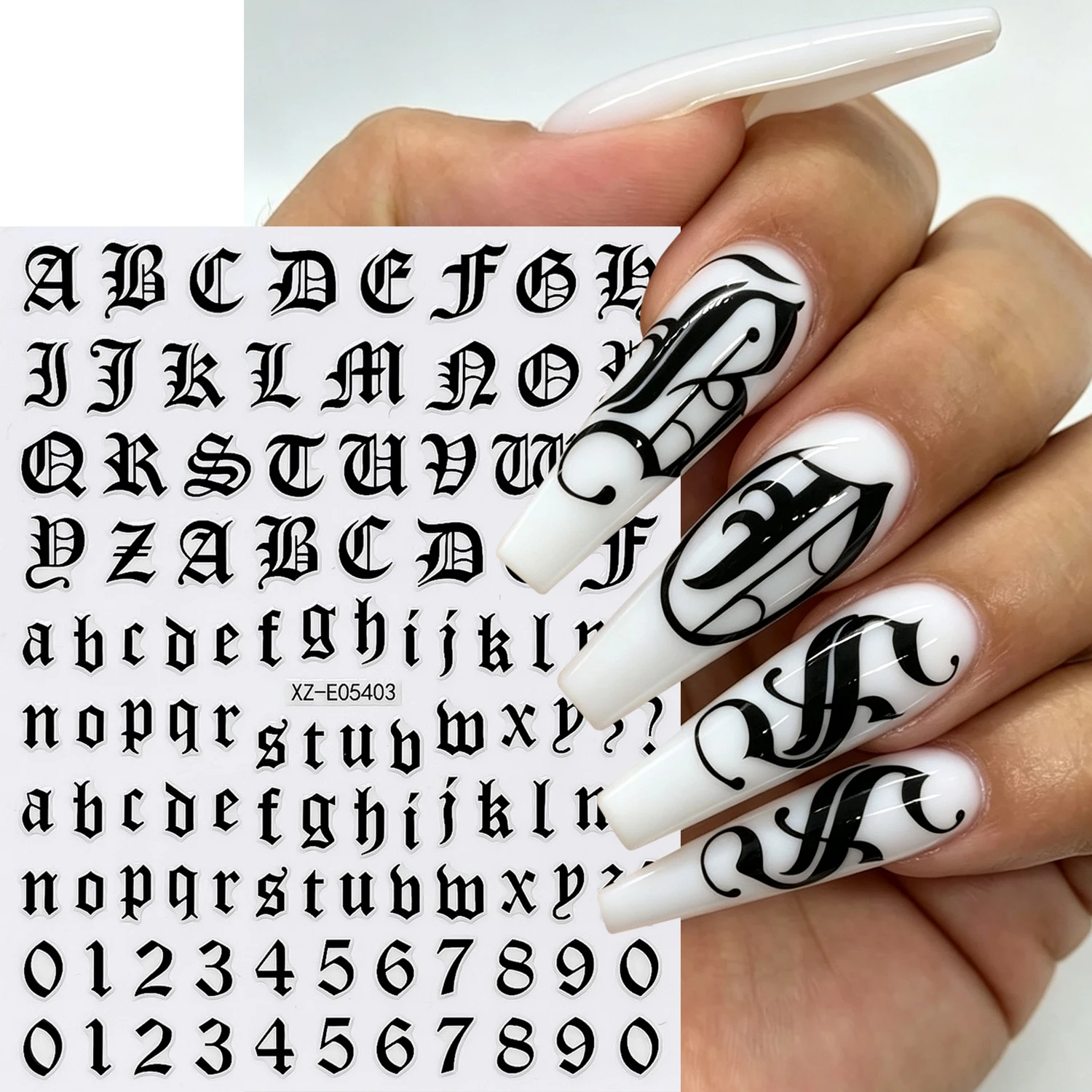 4Colors/Set Gothic Script Letter Number Nail Stickers English Alphabet Numbers Self Adhesive Nails Decals Retro Manicure Decor N