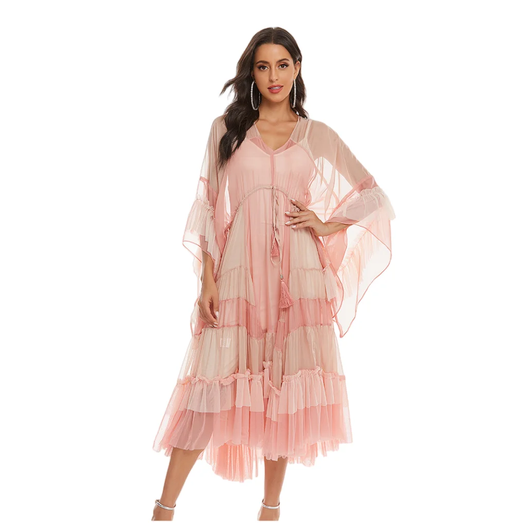 

Women Summer Elegant Ruffles Dress Festa High Quality Long Maxi Cocktail Party Robe Vintage Pleated Designer Vestidos