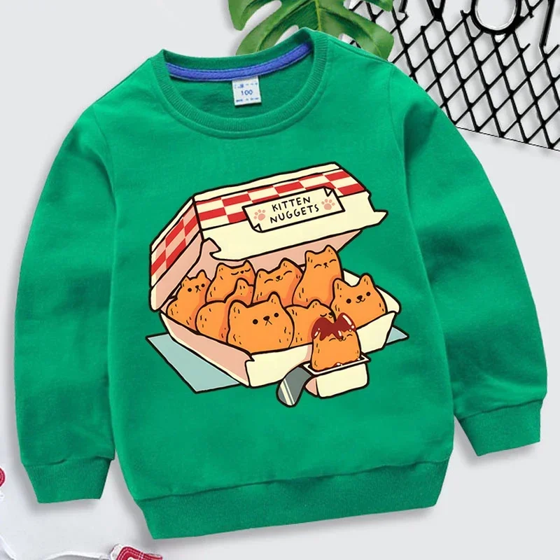 Kitten Nuggets Fast Food Cat Graphic Hoodies Kids Clothes Girls Funny Animal Hoodies Harajuku Shirt Cat Sudadera Boys Sweatshirt