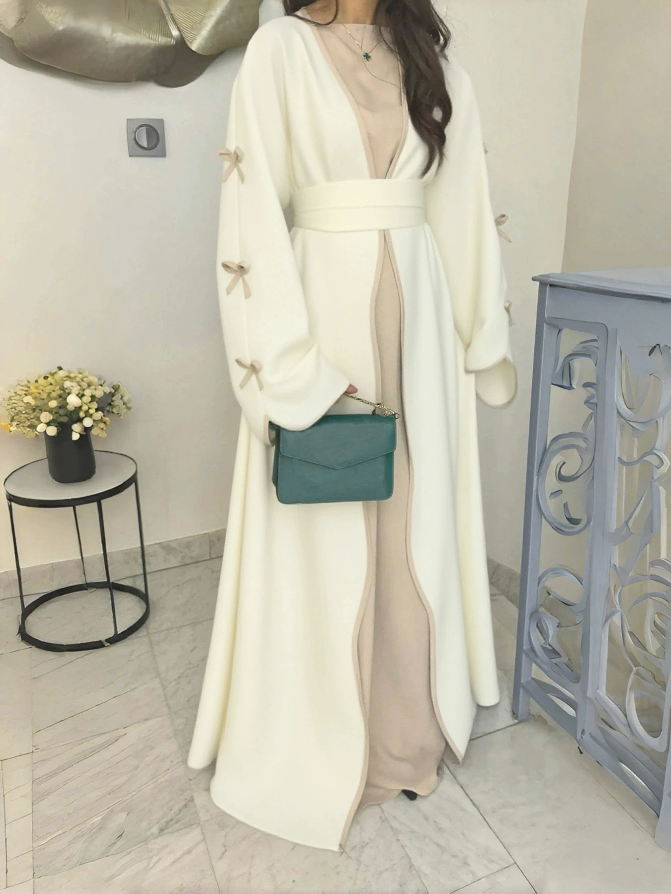 فستان عربي طويل للسيدات مع عقدة على شكل فيونكة، فستان خارجي ناعم ومريح بلون سادة مع حزام