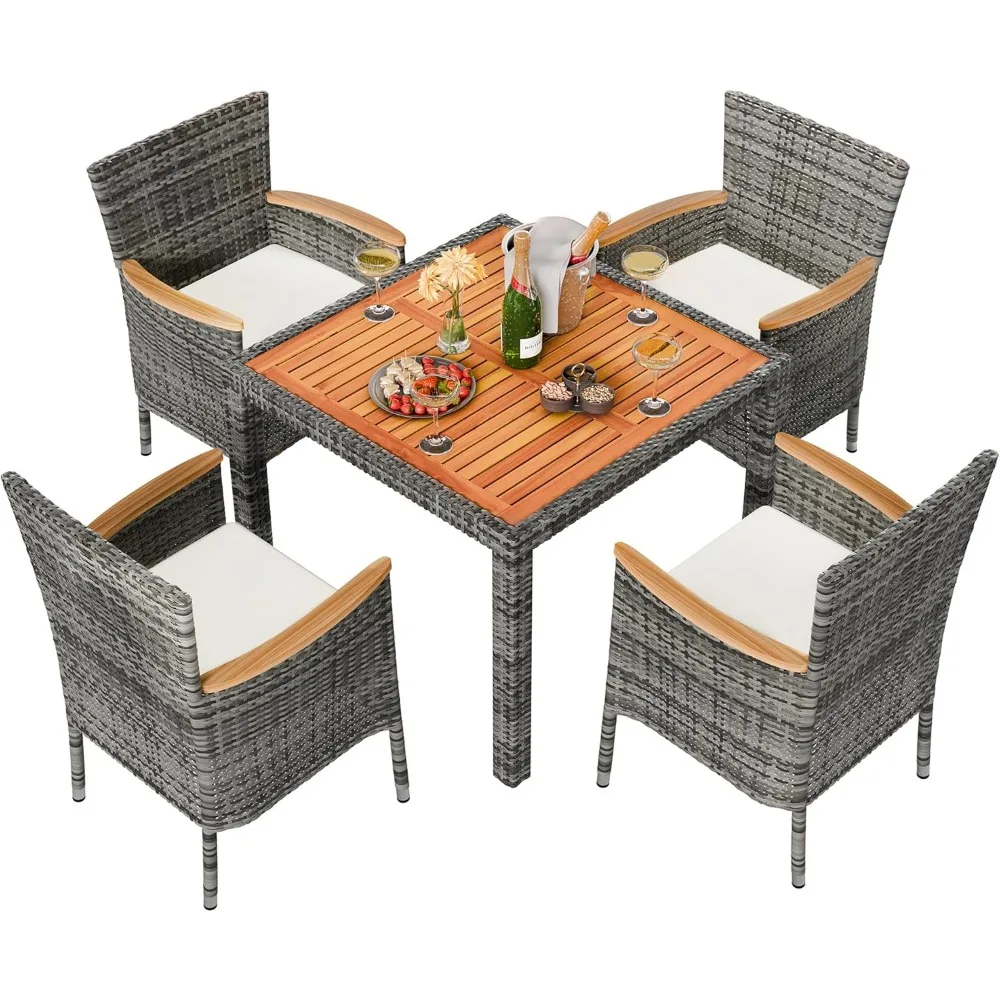 5 Piece Patio Dining Set, Wicker Patio Conversation Set with Wooden Table Top, Outdoor Table and Chairs with Soft Cushions for