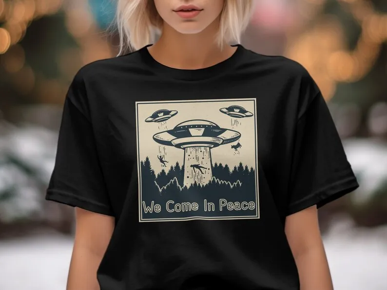 Vintage Alien UFO T-Shirt, We Come In Peace Forest Design, Sci-Fi Tee, Retro Space Graphic Shirt, Extraterrestrial Encounter Top