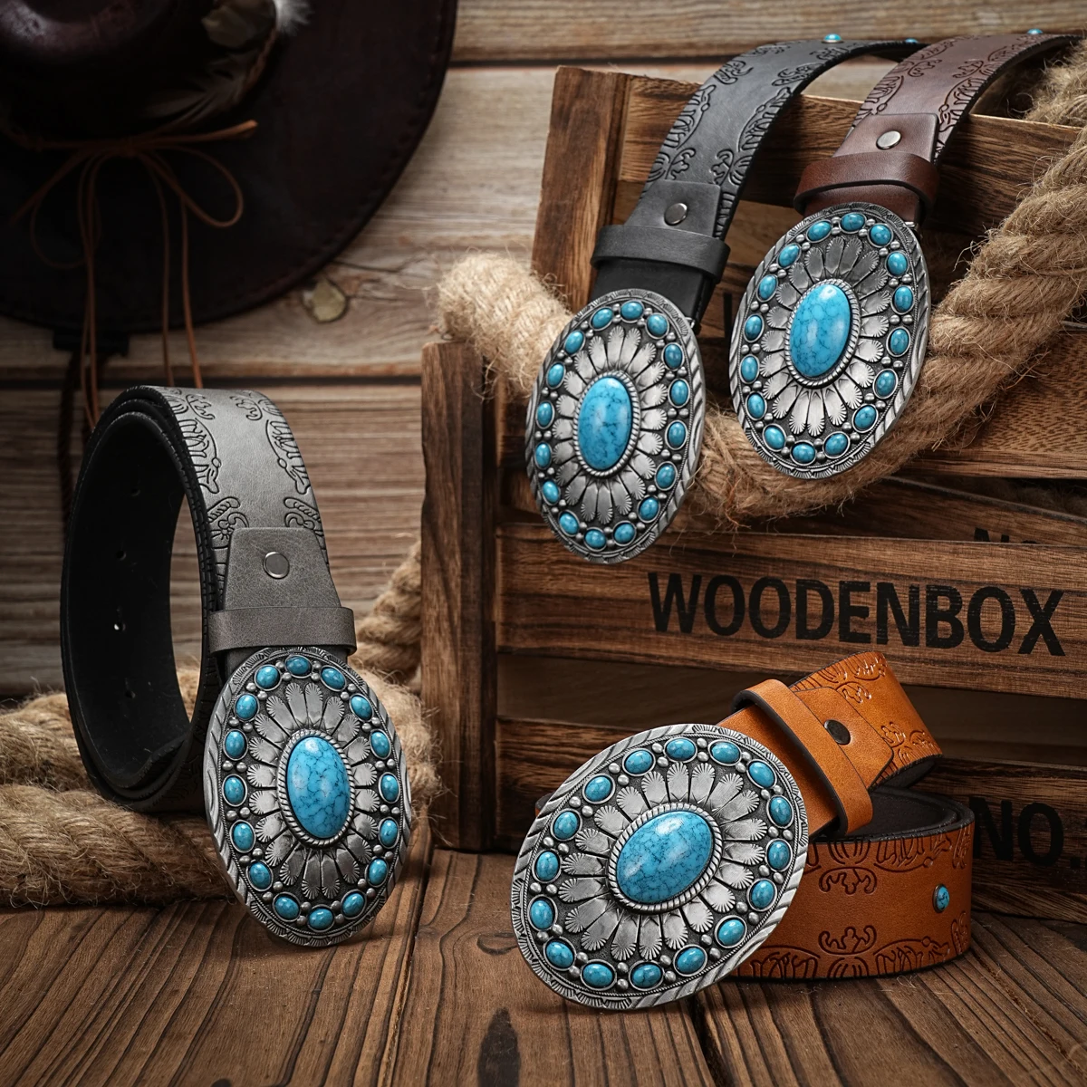 Western Cowboy PU Leather Belt - Men Waist Strap Bull Decoration Floral Engraved for Jeans