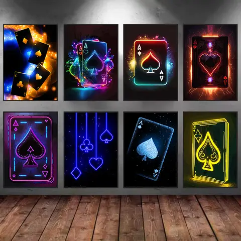 Poker Cards Neon Art Poster Canvas Printing Poker Wall Decor Card Gaming Room Aesthetic Wall Decor Bar Home Decoration No Led