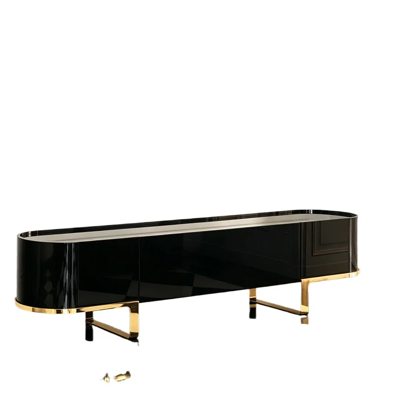 Italian European TV cabinet with gold metal legs and black paint oval living room cabinet, suitable for family and villa use