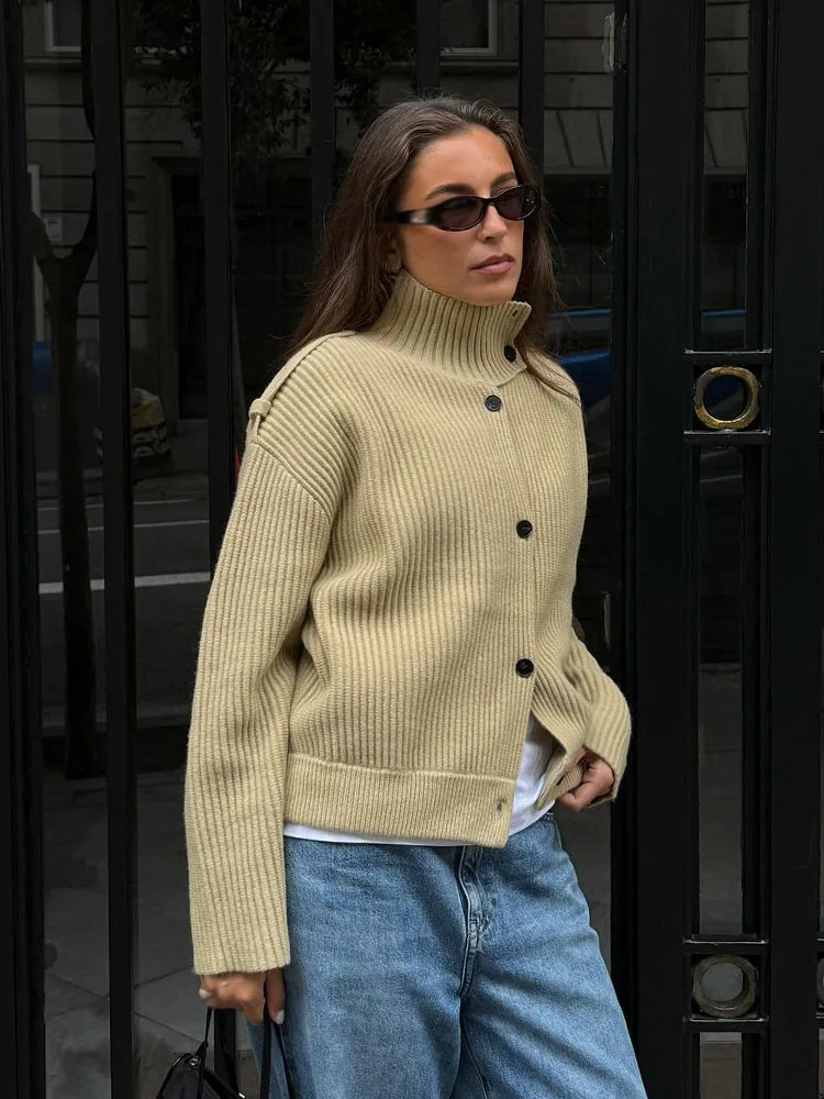 

HH женский осенний шикарный кардиган с высоким воротником, однобортный текстурированный короткий топ с длинными рукавами, женские элегантные вязаные кардиганы