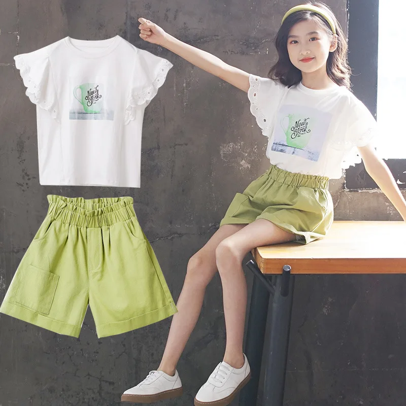 

2024 Summer School Girl 2PCS Clothes Set Teenager Girl Lace Hollow Sleeve Tops+Solid Elastic Waist Shorts Sets For Children