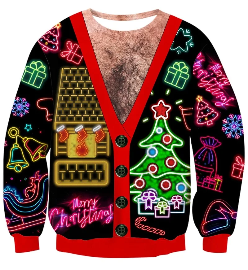 Mens Ugly Christmas Sweater 3D Funny Elf Boobs Design Printed Novelty Xmas Pullover Sweatshirt For Party Funny Xmas Gift Hoody