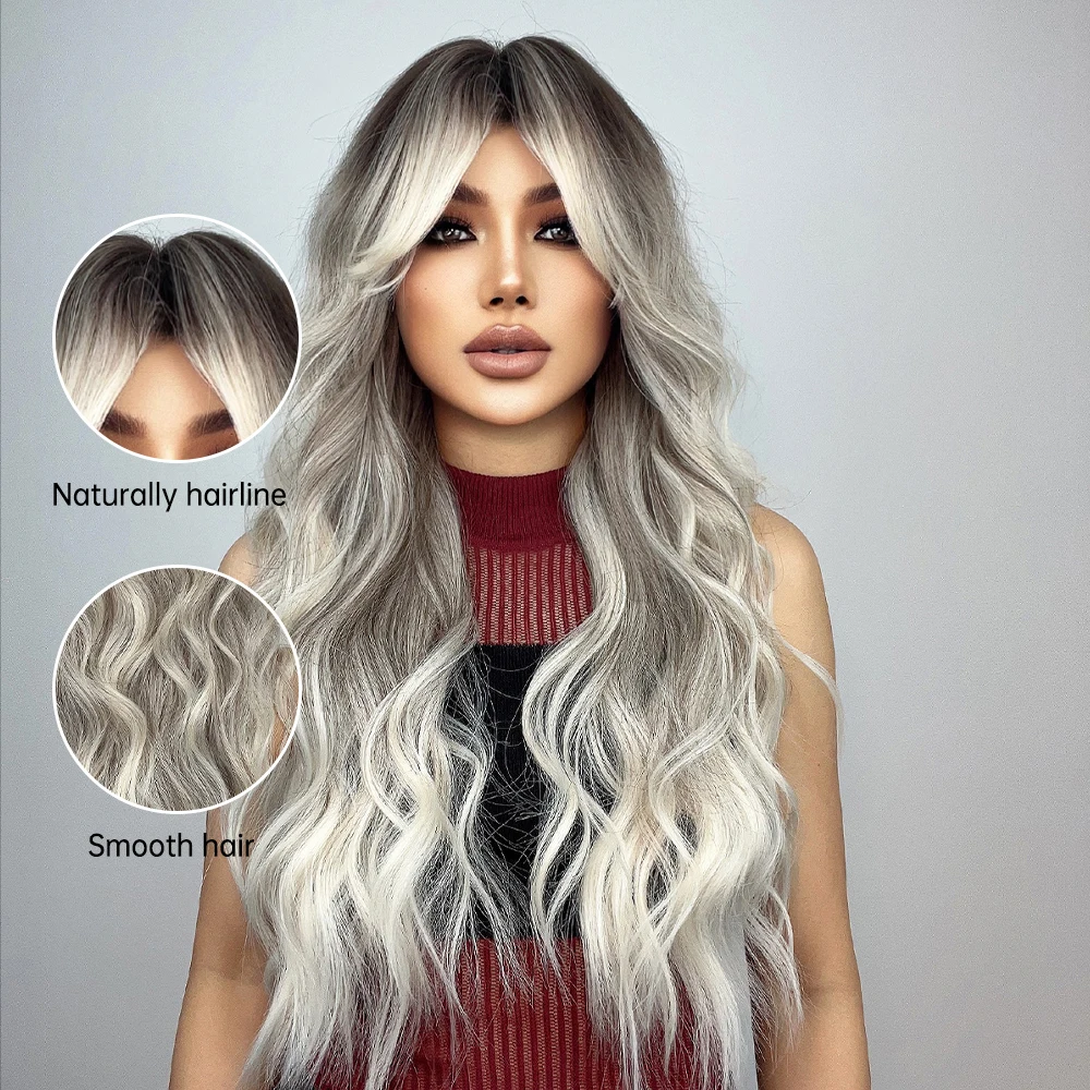 Long Curly Wavy Gray Ash Brown Blonde Ombre Synthetic Wigs with Bangs Cosplay Natural Hair Wig for Women Afro Heat Resistant Use