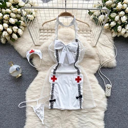 Without TakingOff Nurse Cosplay Sexy Nightdress Women Lace Mesh Patchwork Bodycon Dress+Thongs Backless Sheer Erotic Nightwear