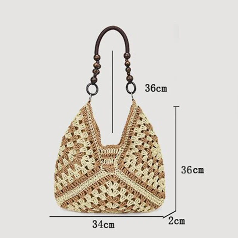 8 Stile Perlenbesetzte Häkel-Strick-Handtasche mit Farbblock-Design, Damen Sommer Hohlgeflochtene Handtasche, Leichte Lässige Strandtasche – Detail 1