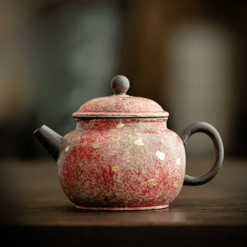 155ML Retro Rock and Mine Painted Pottery Small Pot Retro Handmade Gold Ceramic TeaPot Chinese KungFu TeaSet Gift Craft Ornament