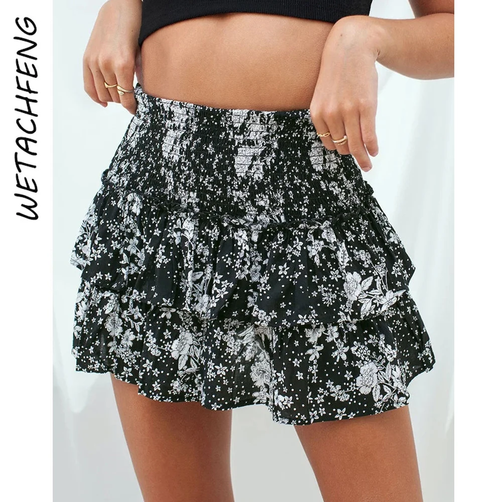 Black Sexy Mini Pleated Skirts Women High Waist A-Line Floral Print Ruffles Beach Bohemian Holiday Short Dresses Female Clothes