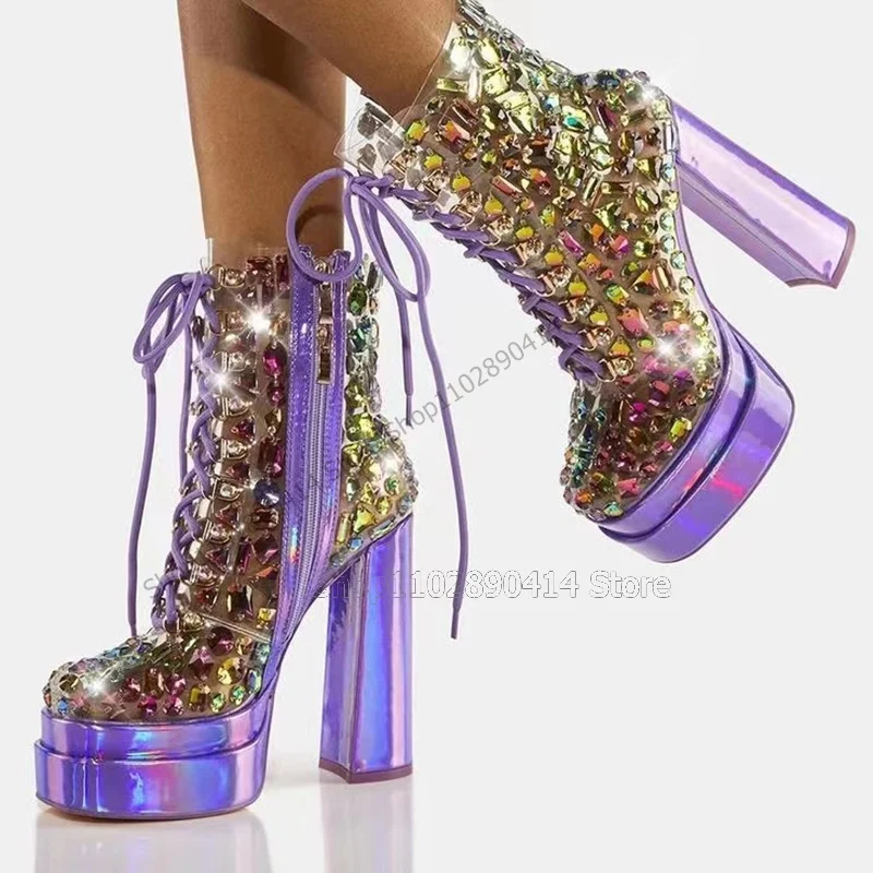 Colorful Crystal Decor Clear PVC Platform Strappy Boots Side Zipper Women Shoes Chunky High Heels Novel 2023 Zapatos Para Mujere