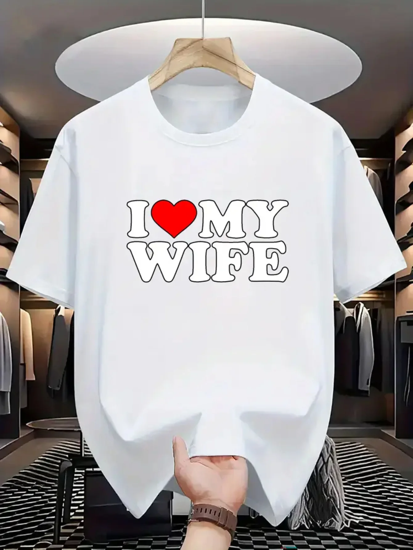 

Мужская футболка с рисунком «I Love My Wife» — повседневная летняя футболка с коротким рукавом, черная с принтом красного сердца, круглая
