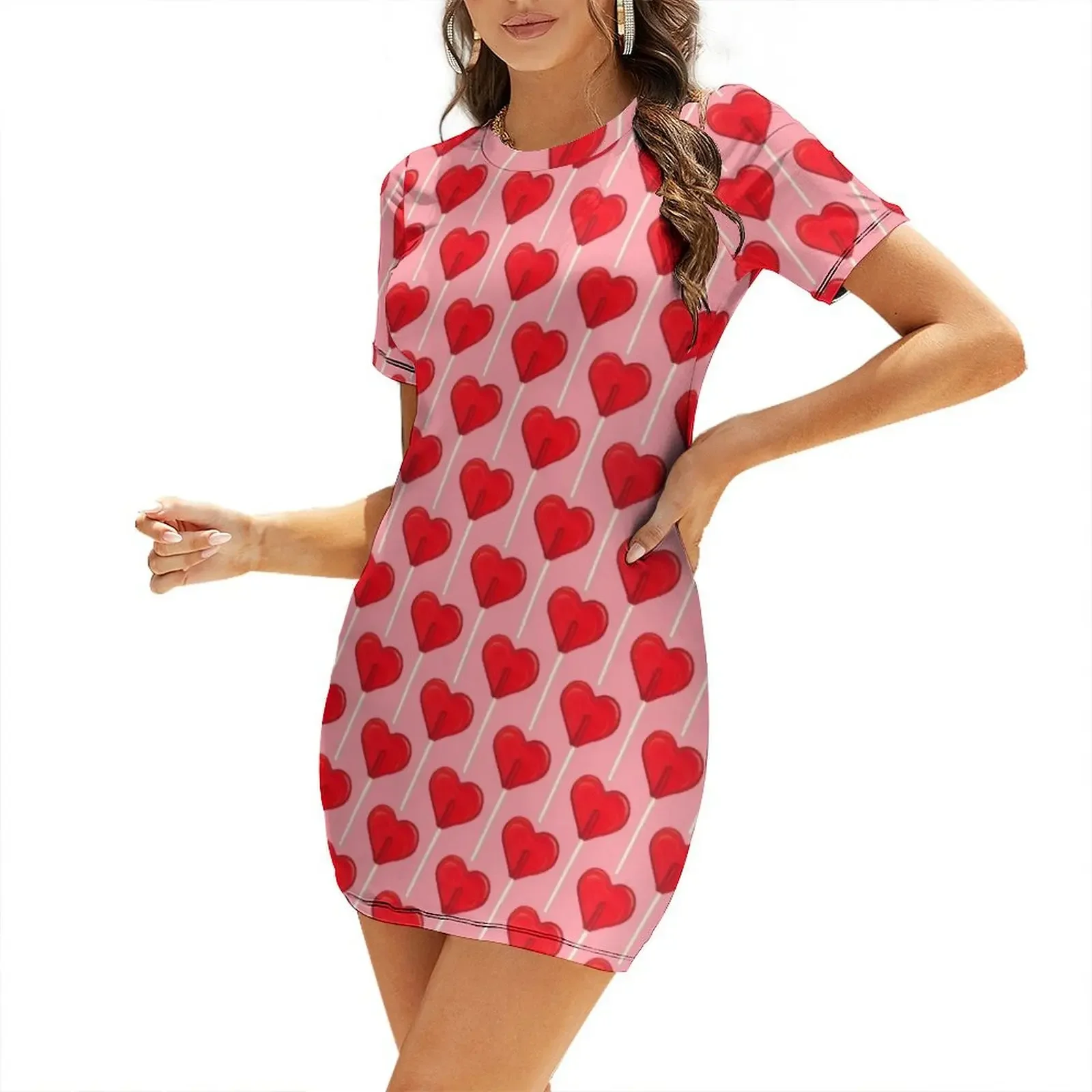 

Heart Lollipop Pattern - Pink Short-Sleeved Dress womens clothing party dress women elegant luxury Dress