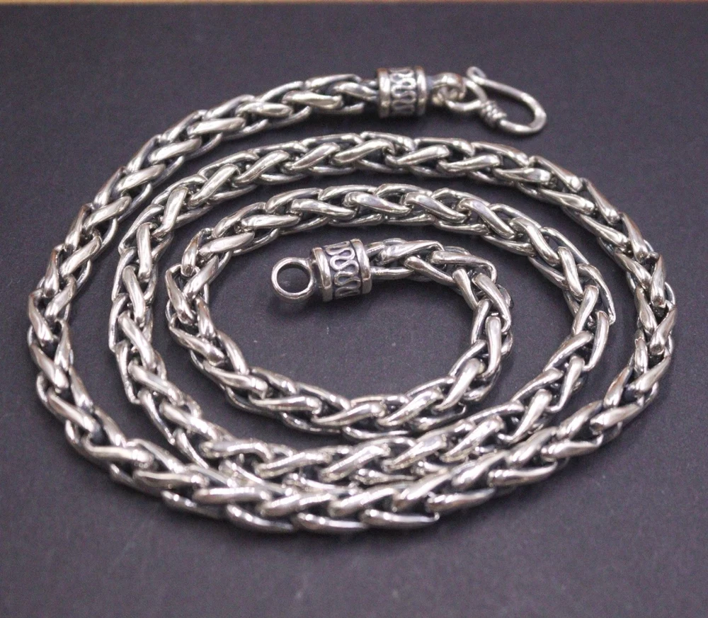 

Real Solid 925 Sterling Silver Chain Men Women 6mm Wheat Braided Necklace 55-56g/60cm