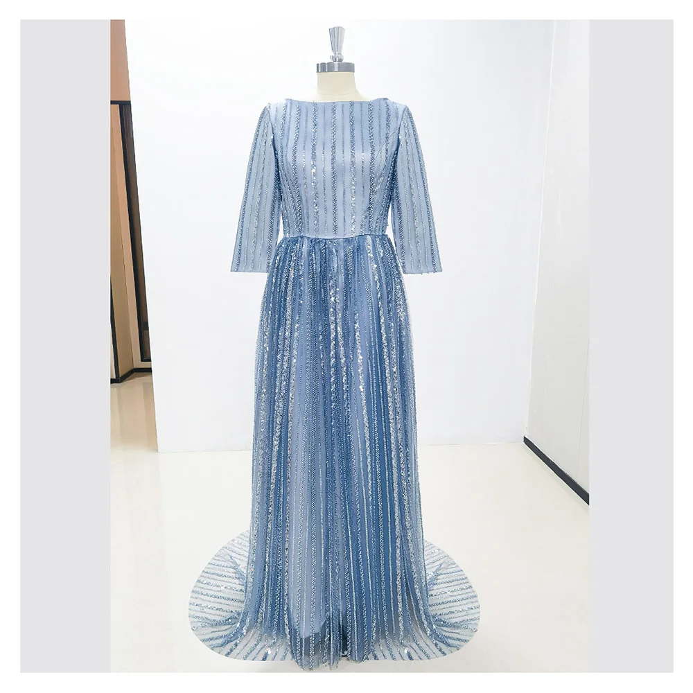 

Elegant Blue Evening Dress Sequined Beading O-Neck Three Quarter Sleeve Chapel Train Long Dresses Formal Occasion Luxury Gown