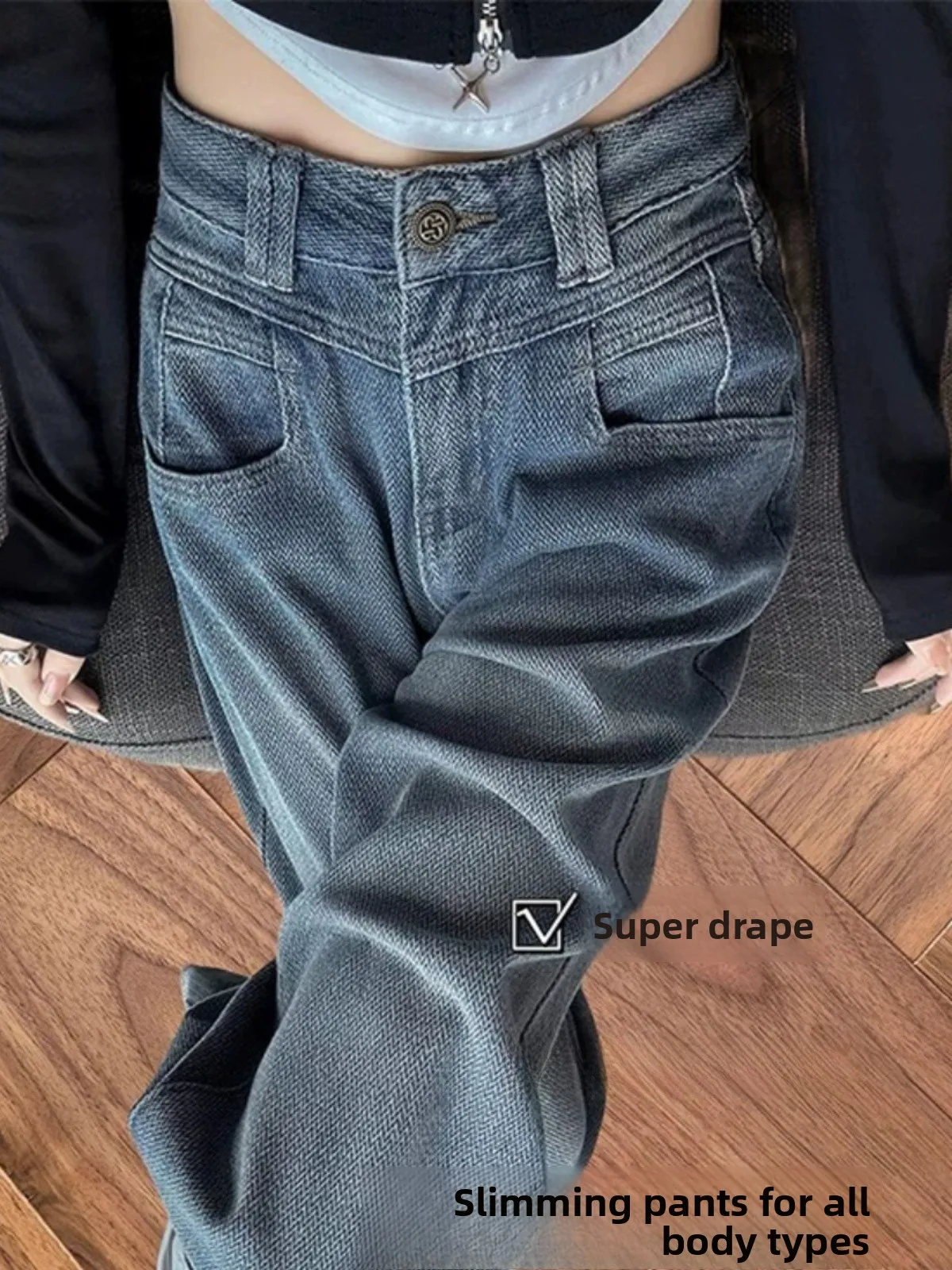 

Women's Wide Leg Pants Spring New plus Size Fleece Lined Slim Fit Jeans Loose Slimming Straight Leg Trousers Trendy