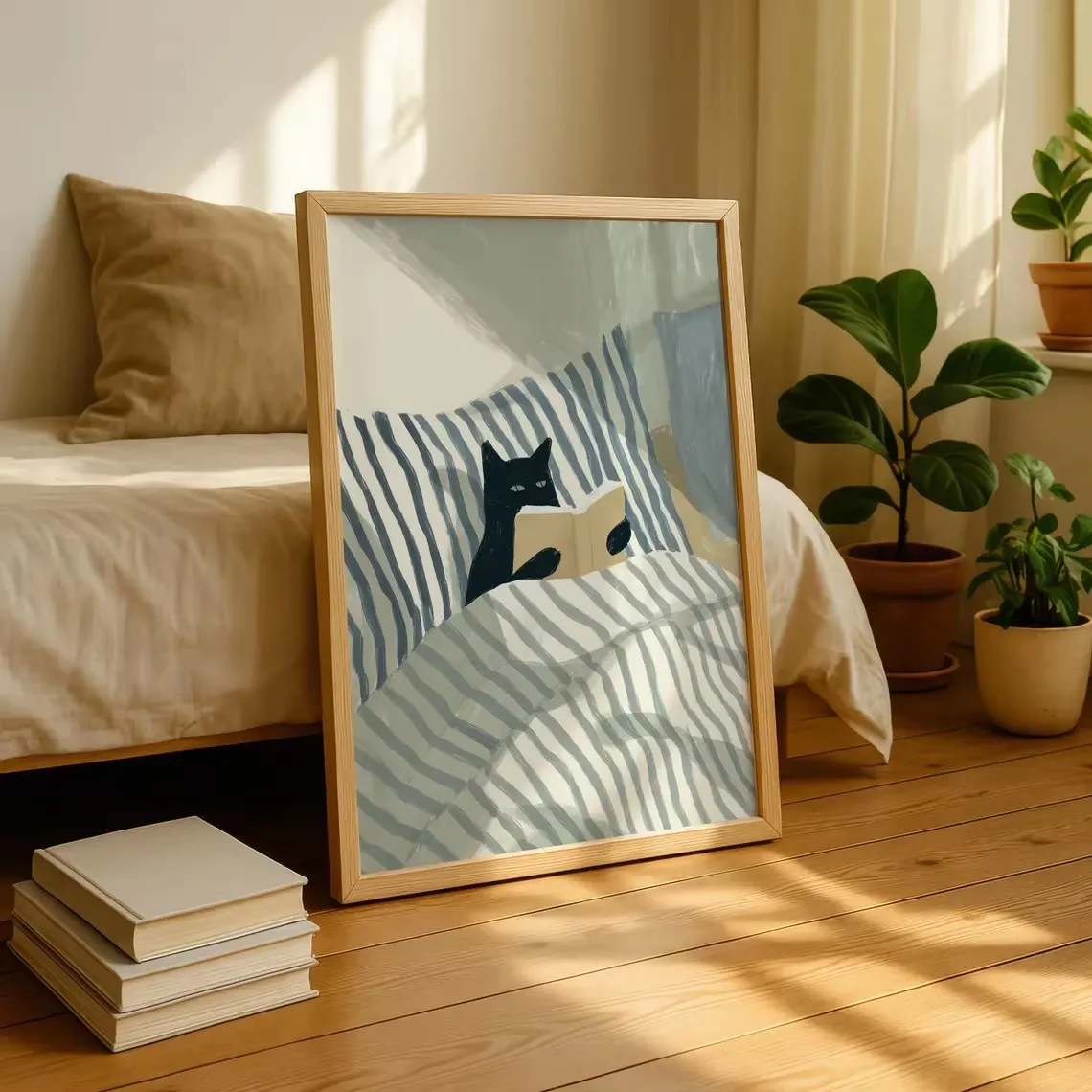 Japanese Black Cat Reading on Bed Canvas Printing Comfortable Book Lovers Cat Illustration Wall Art Poster for Modern Home Decor